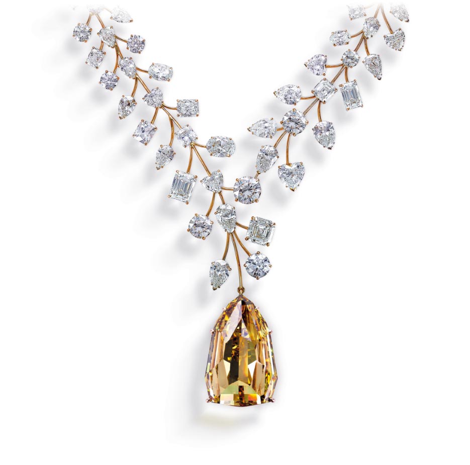 L’Incomparable necklace with white diamonds on rose-gold branches and a large yellow diamond pendant
