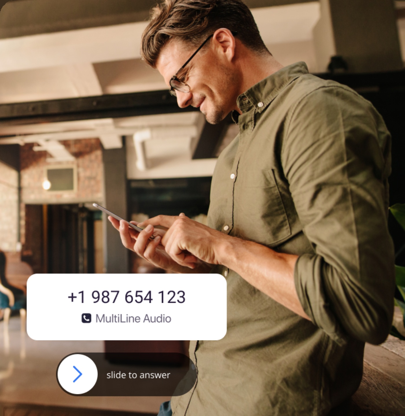 Movius promotional image showing a MultiLine business call arriving on a smartphone