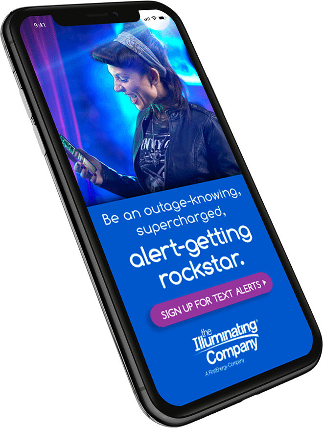 FirstEnergy mobile campaign creative featuring a musician and text alerts