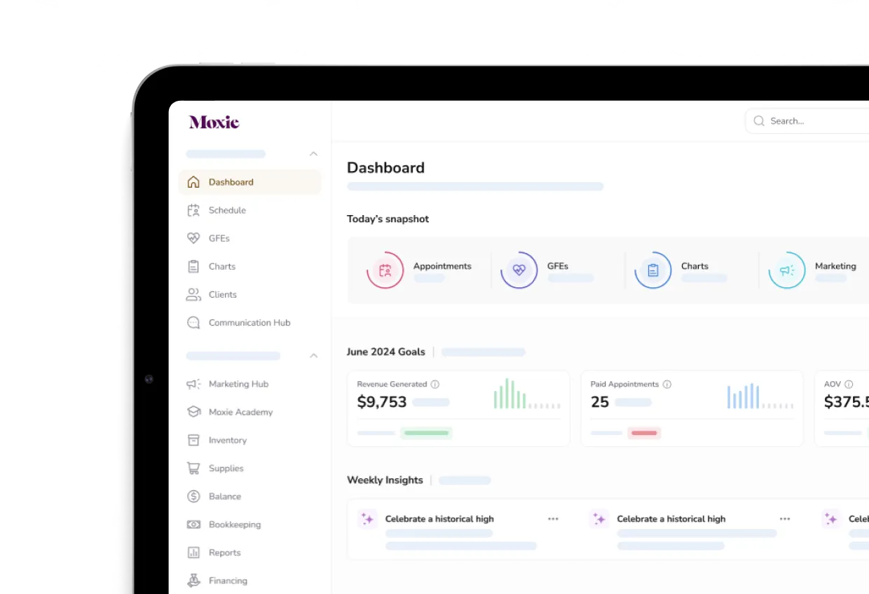 Moxie Suite dashboard with appointment, charting and practice-management tools