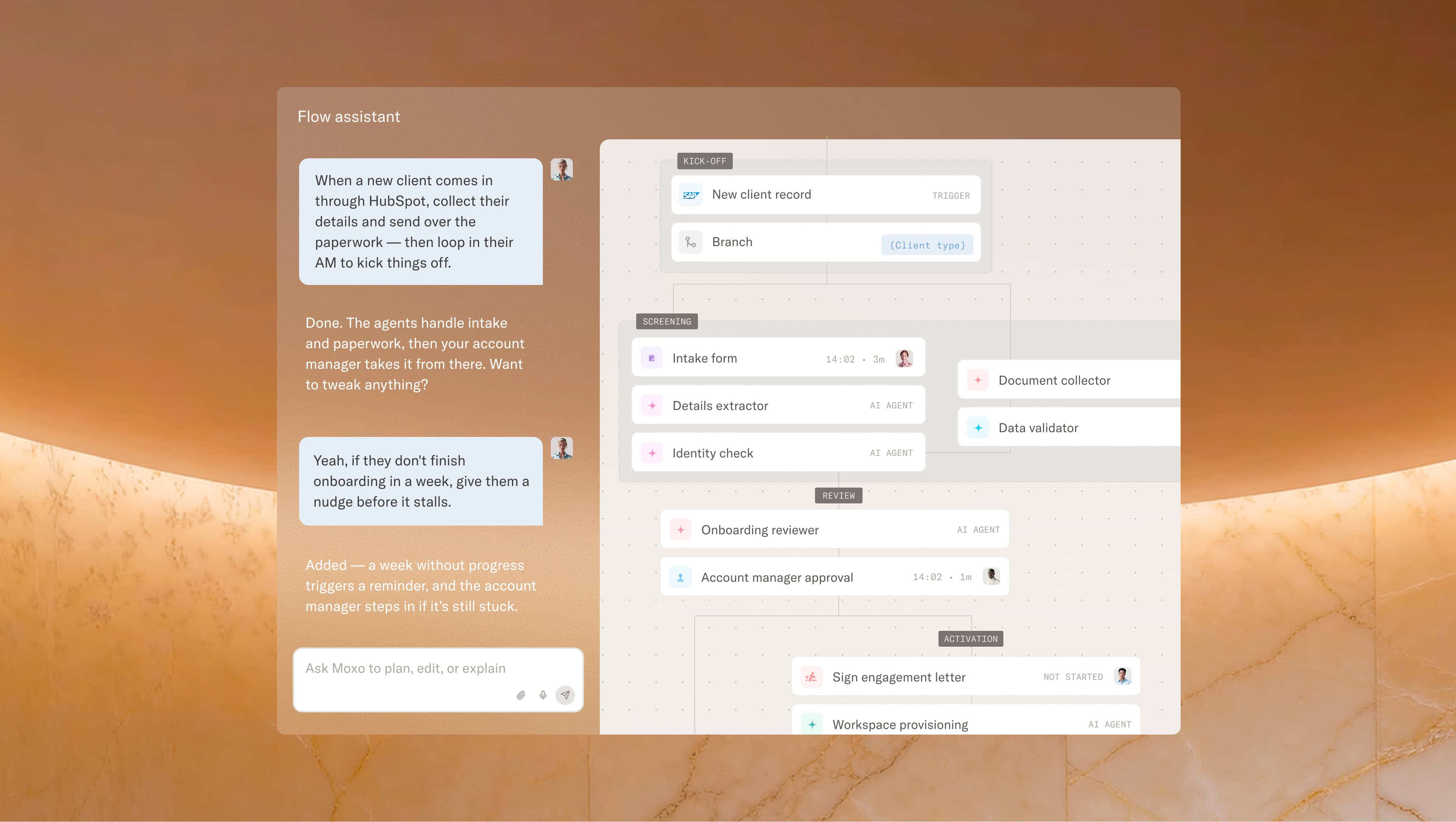 Moxo product interface illustrating vendor onboarding with human tasks and AI agents