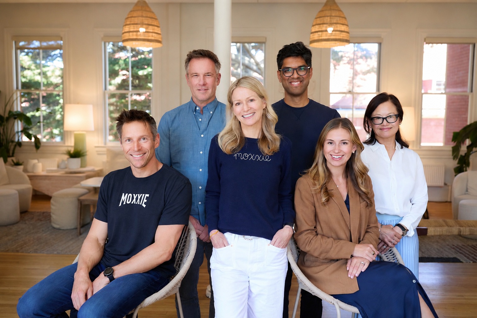The Moxxie team gathered indoors, with Katie Jacobs Stanton at the center