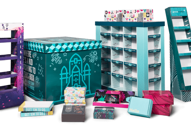 A grouping of colourful packaging and display designs presented by Moyy