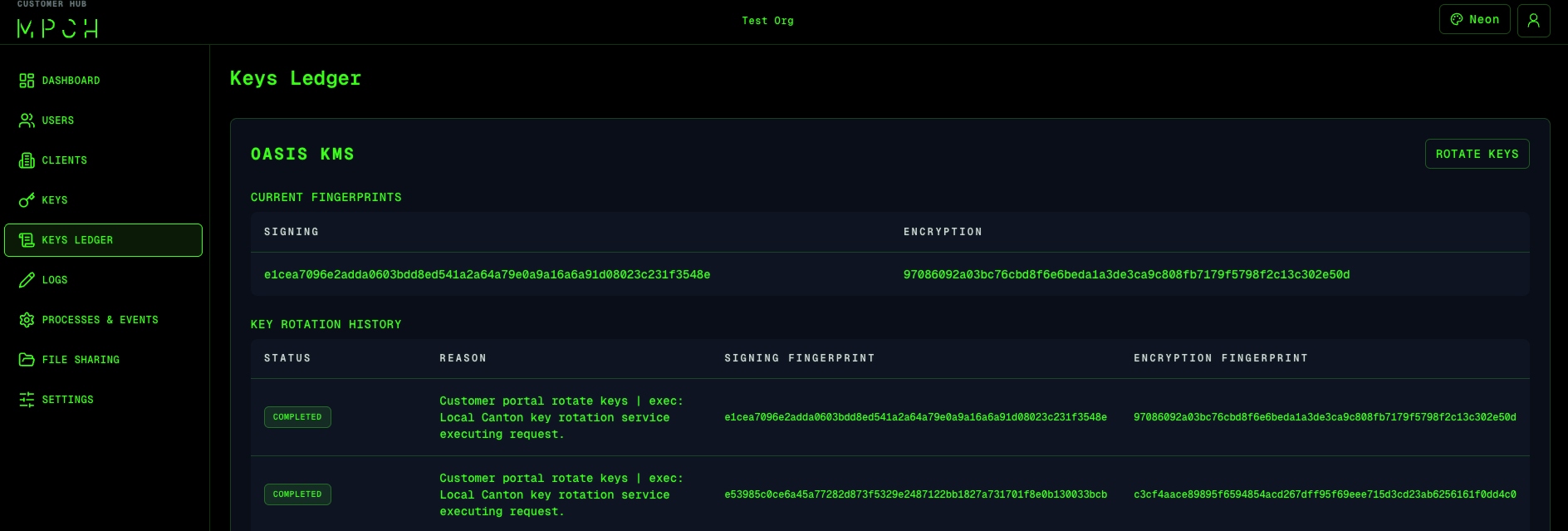 MPCH-published Stronghold-KMS interface showing a keys ledger