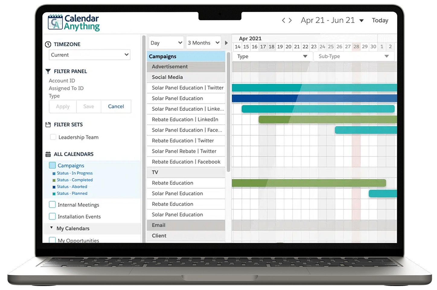 CalendarAnything product illustration showing Salesforce campaign records arranged in a colored timeline