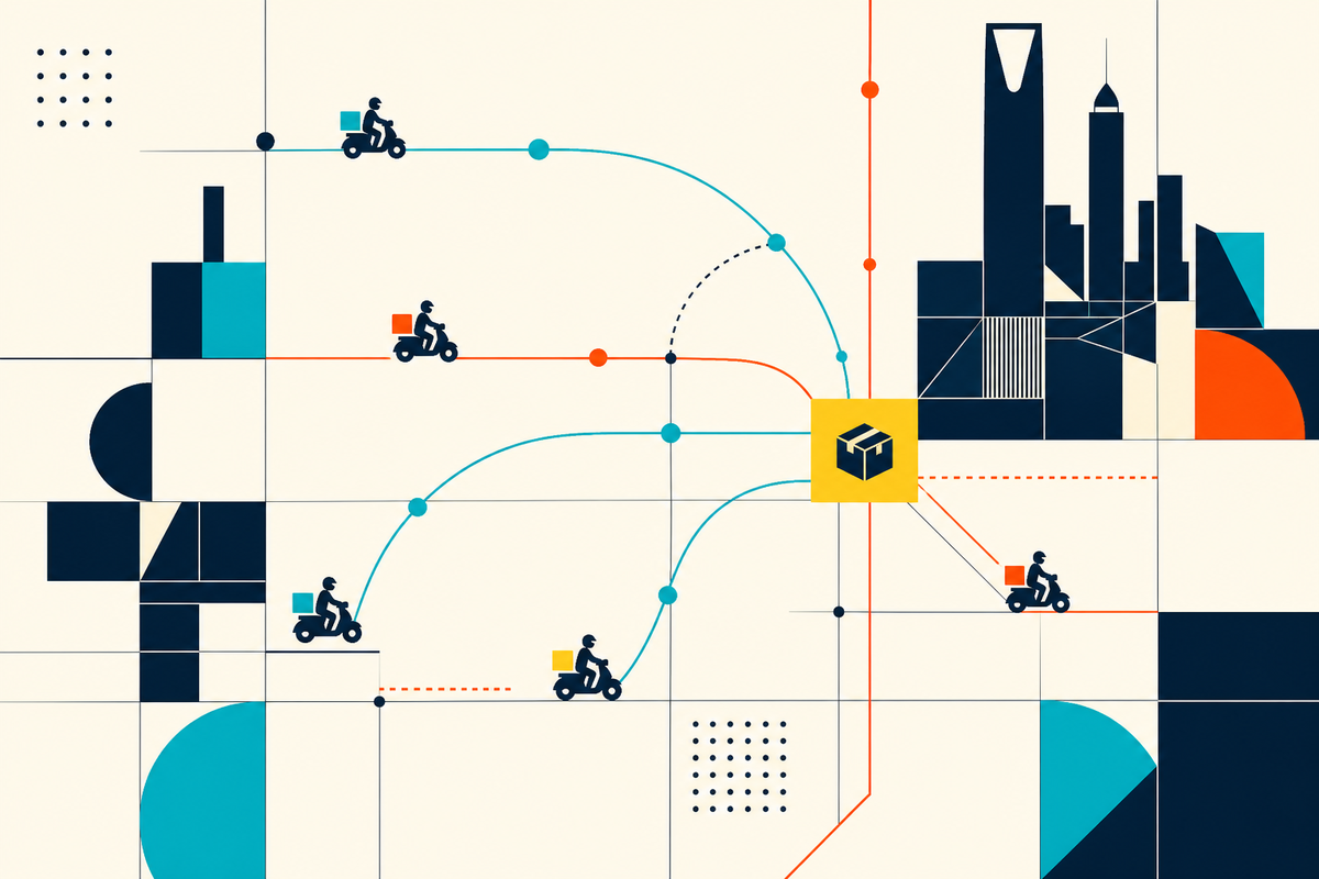 Abstract Swiss-style map showing couriers converging on a city delivery request
