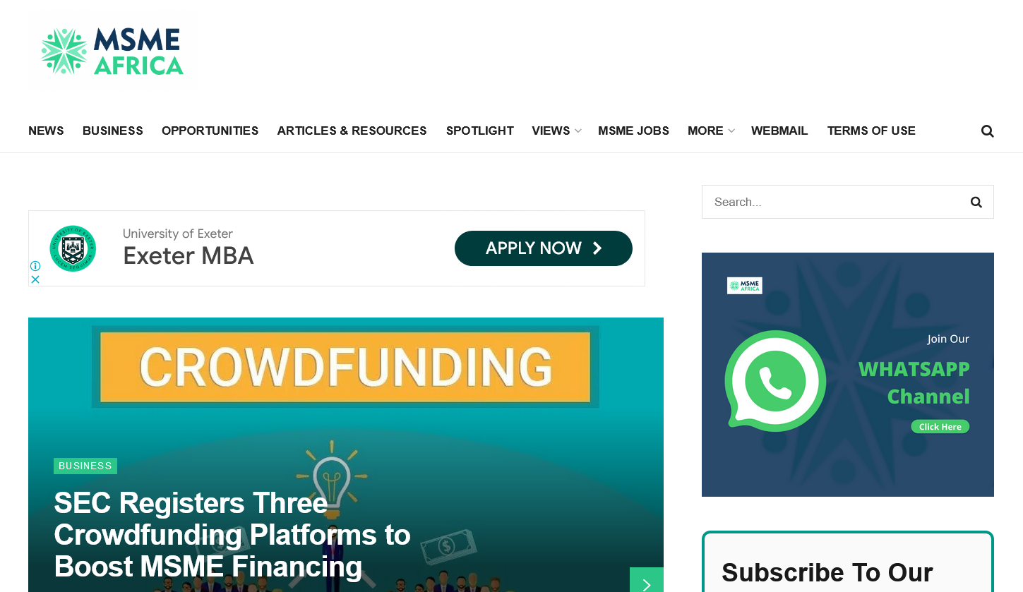 Archival MSME Africa website screenshot showing business coverage and a WhatsApp channel invitation