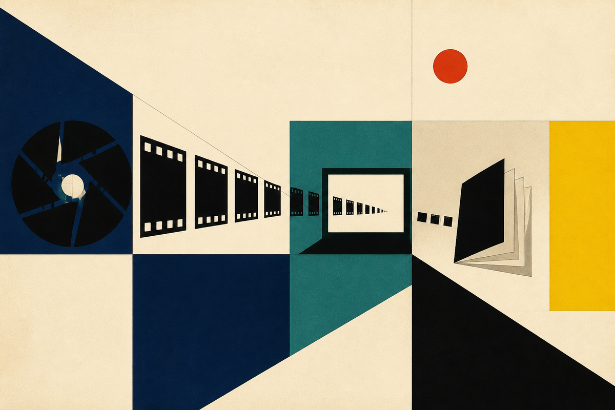 Abstract Swiss-style composition of film strips, a screen and printed pages