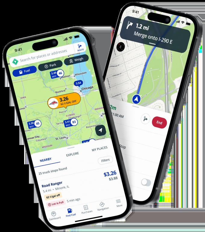 Two phones displaying Mudflap fuel prices and route directions