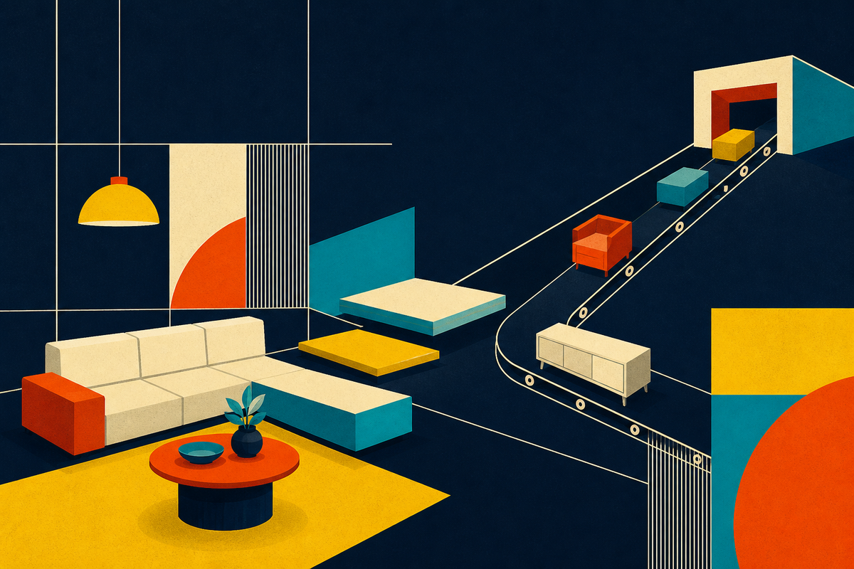 Abstract Swiss-style illustration of furniture moving between a living room and a distribution system