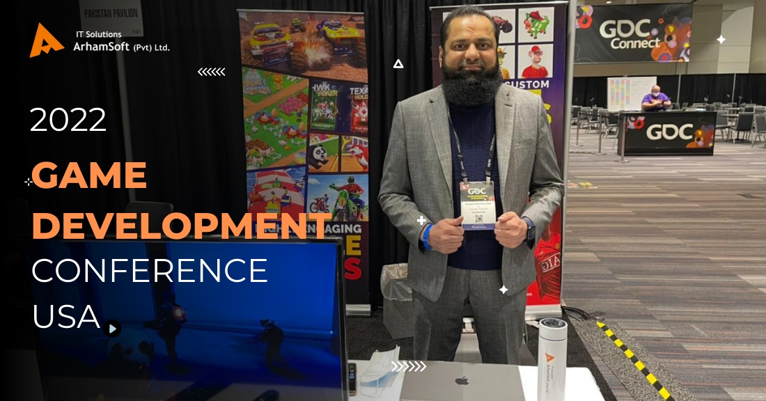 Muhammad Irfan Zafar at ArhamSoft’s display in the Pakistan Pavilion at GDC 2022