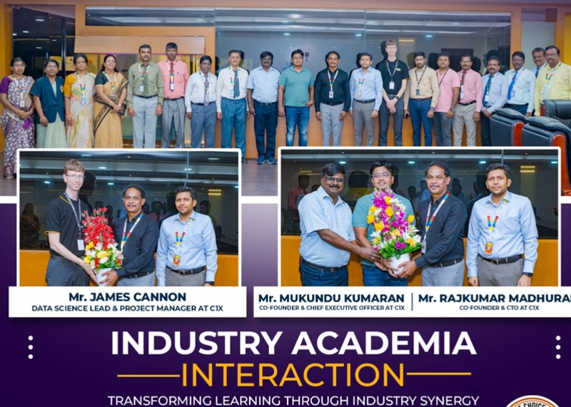 C1X leaders with faculty during the April 2025 industry-academia interaction, including a presentation to Mukundu Kumaran and Rajkumar Madhuram.