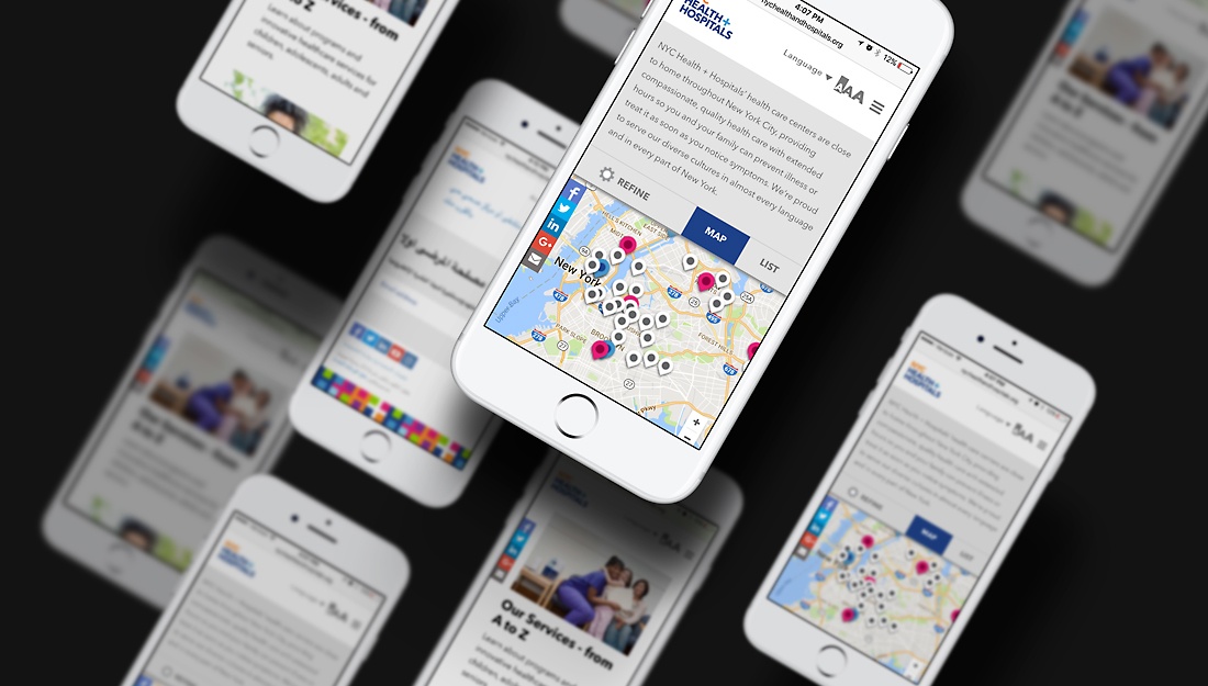 Multimedia Solutions’ portfolio mockup showing NYC Health + Hospitals websites on mobile phones