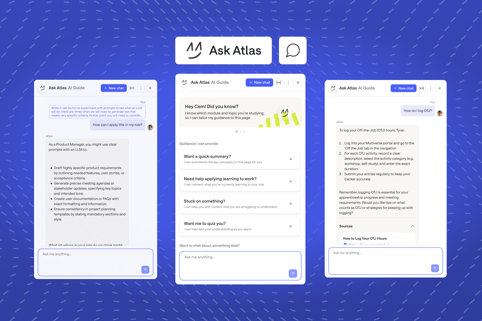 Multiverse Atlas interface illustrating support and coaching responses