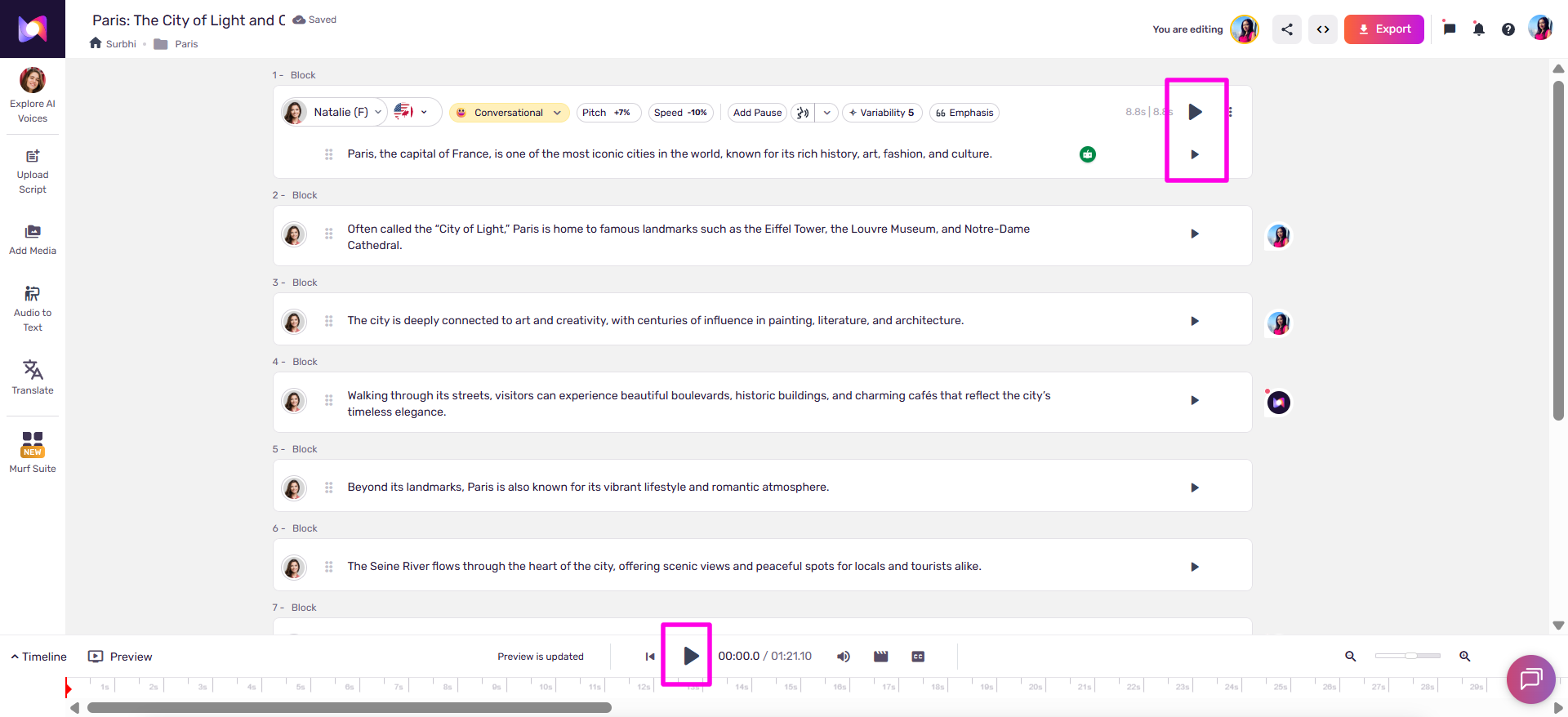 Murf Studio interface showing script blocks, voice controls, preview buttons and a timeline
