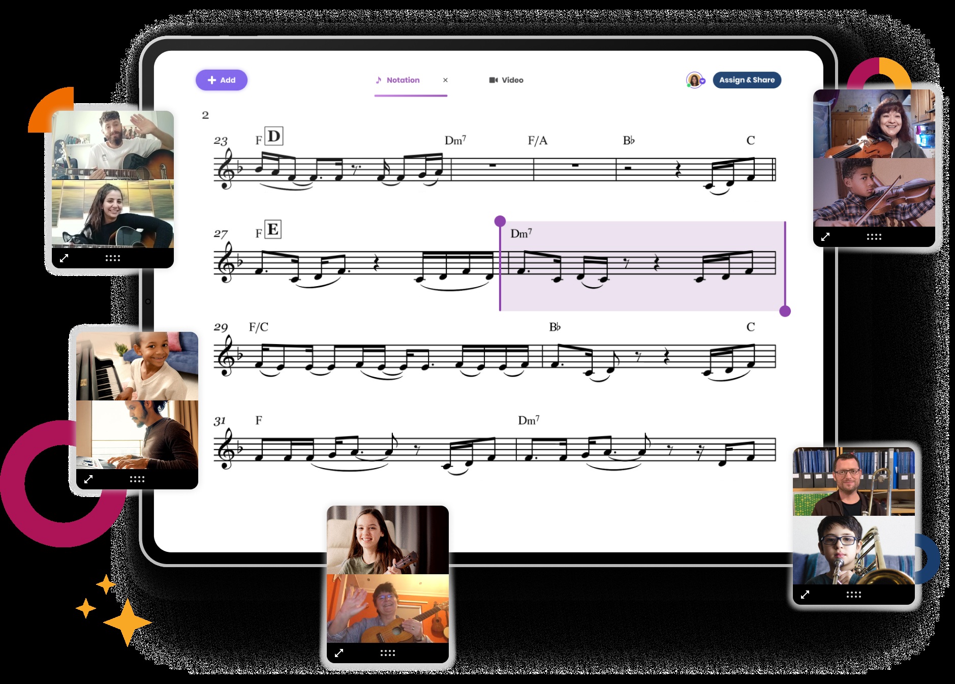 Musico product montage showing musical notation with remote students and teachers