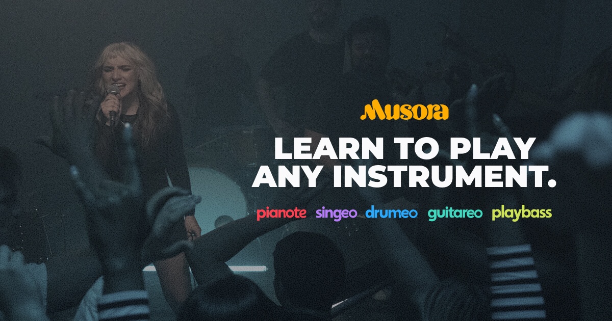 Musora's five learning brands shown over a live musical performance
