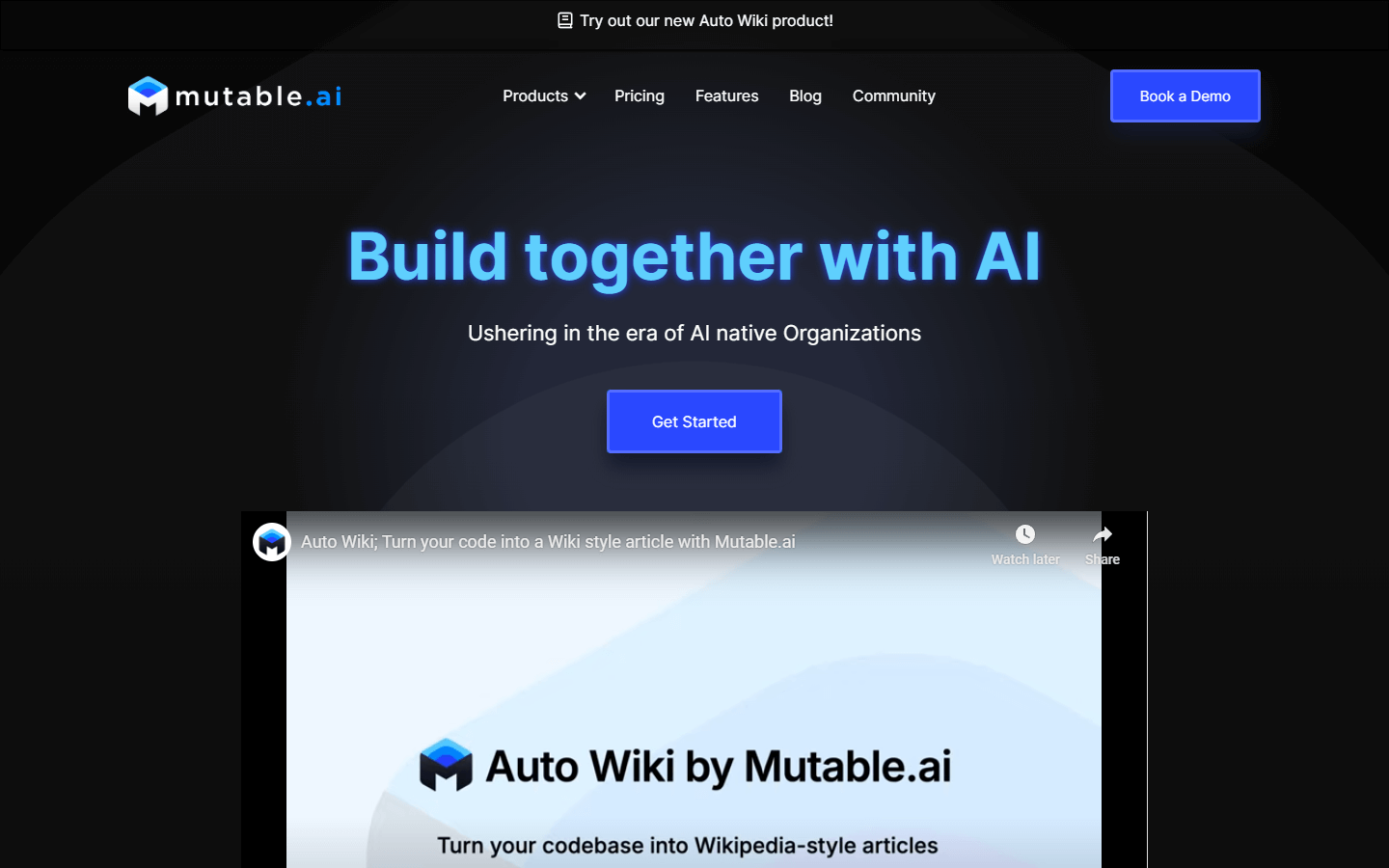 MutableAI landing page presenting Auto Wiki beneath the headline Build together with AI