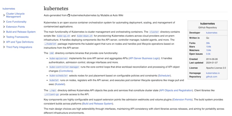 Generated MutableAI Auto Wiki page explaining the Kubernetes repository