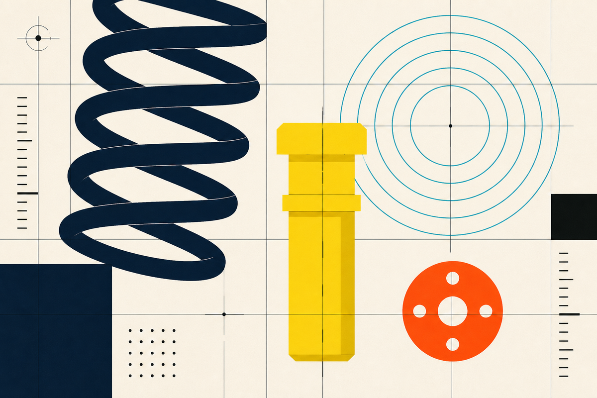 Abstract Swiss-style arrangement of a spring, fastener, tolerance rings and stamped disc