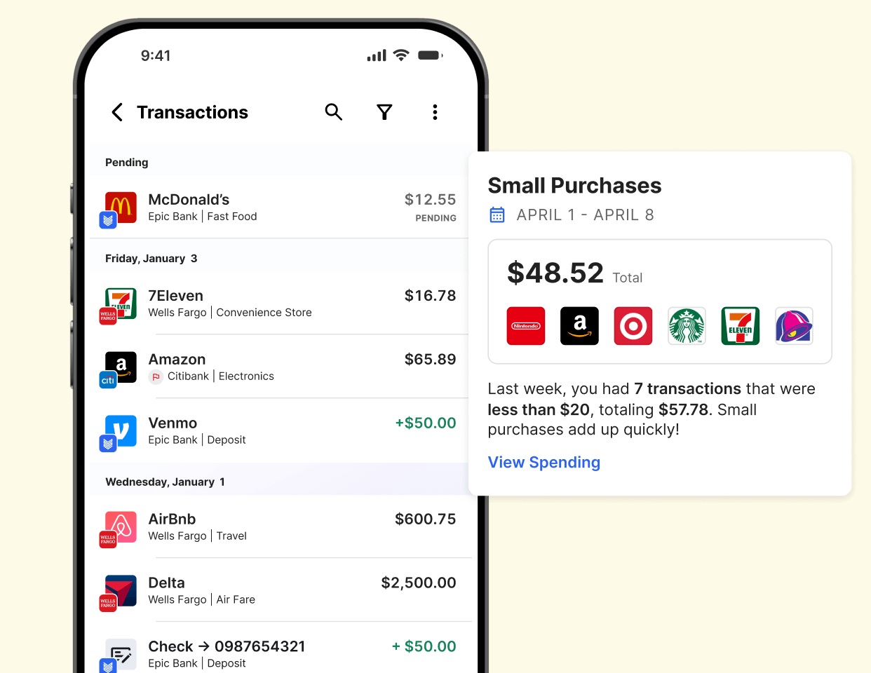 MX product illustration with readable merchant names, transaction categories, and a small-purchases insight