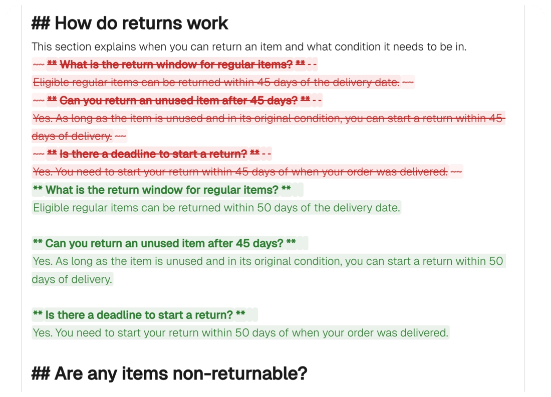 My AskAI generated knowledge article showing return policy changes highlighted in red and green