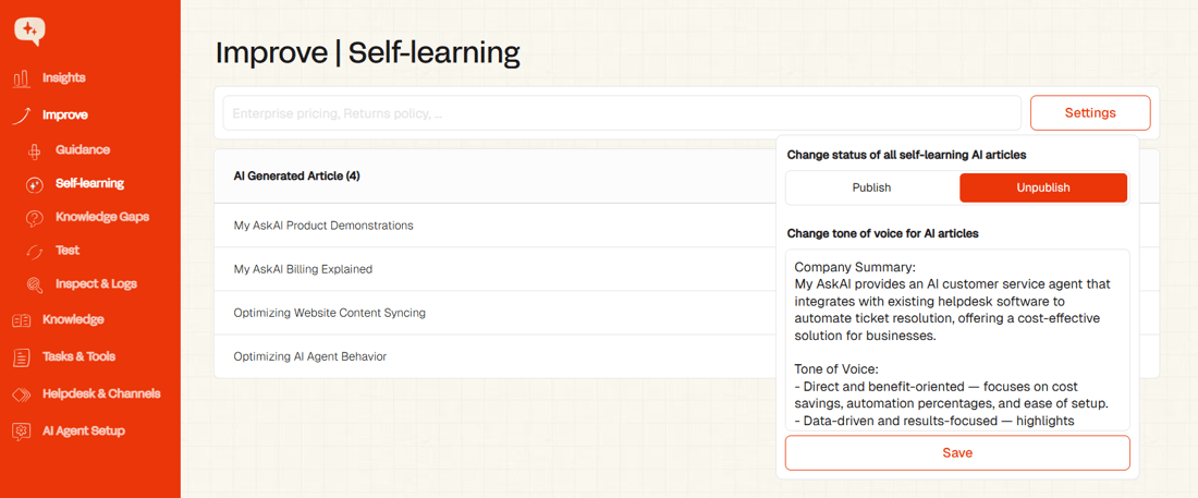 My AskAI self-learning dashboard with generated article list and tone settings