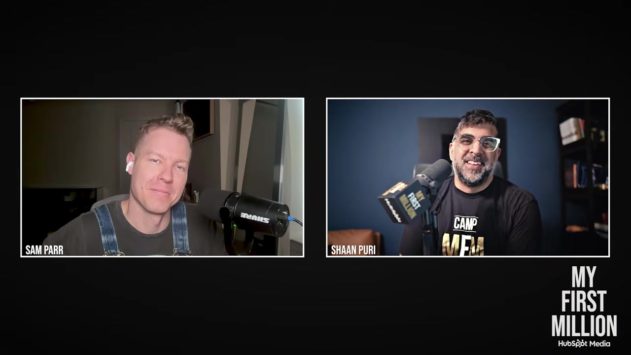 Sam Parr and Shaan Puri speaking into microphones in a split-screen recording