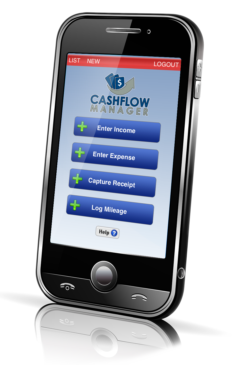 Official CashFlow Manager promotional artwork showing income, expense, receipt and mileage controls