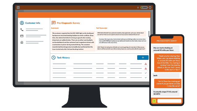 myKaarma Workflow AI shown on desktop and mobile with pre-diagnosis survey questions