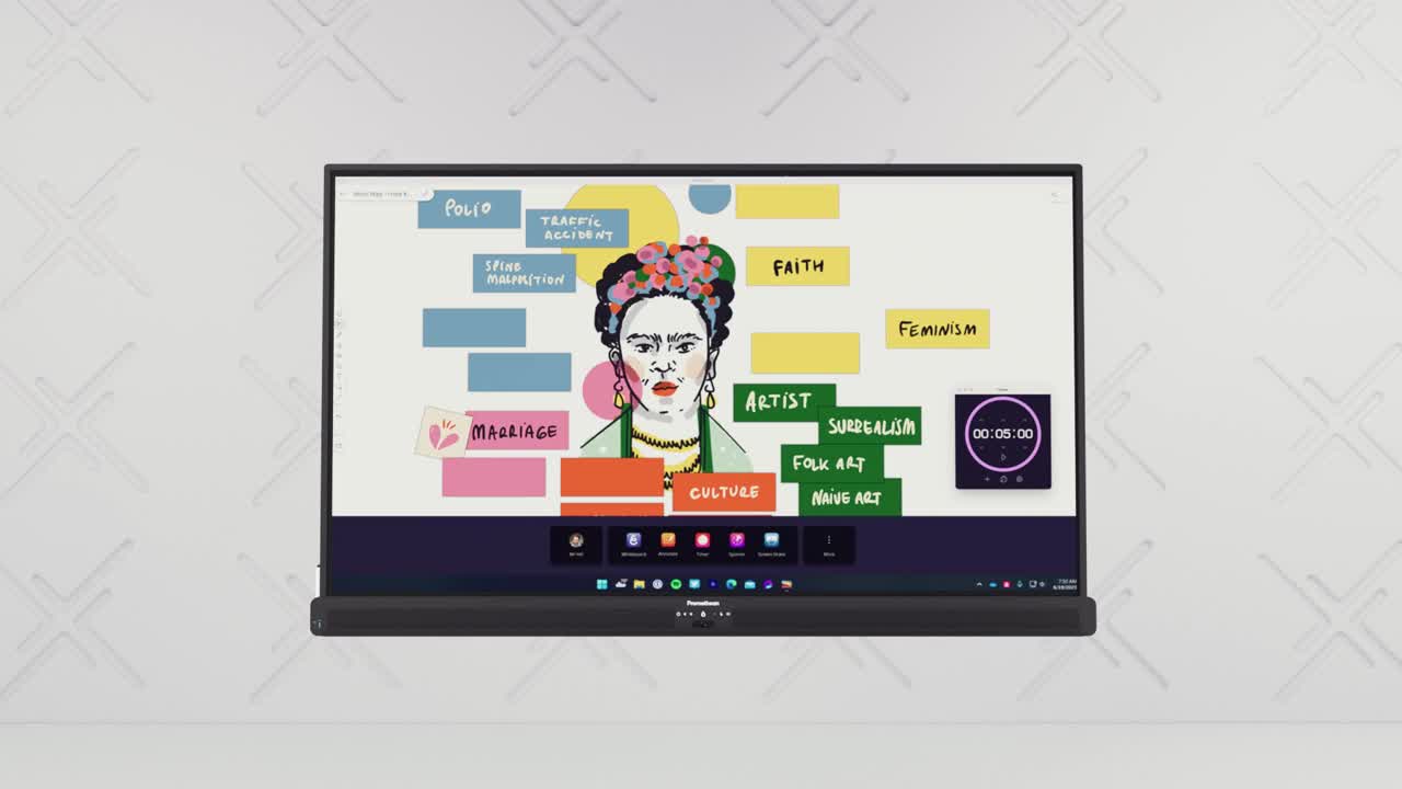 ActivPanel 10 displaying an illustrated lesson about Frida Kahlo with whiteboard and timer tools