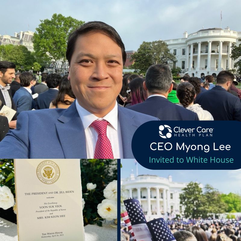 Clever Care’s event collage showing Myong Lee at the White House welcome ceremony on April 26, 2023