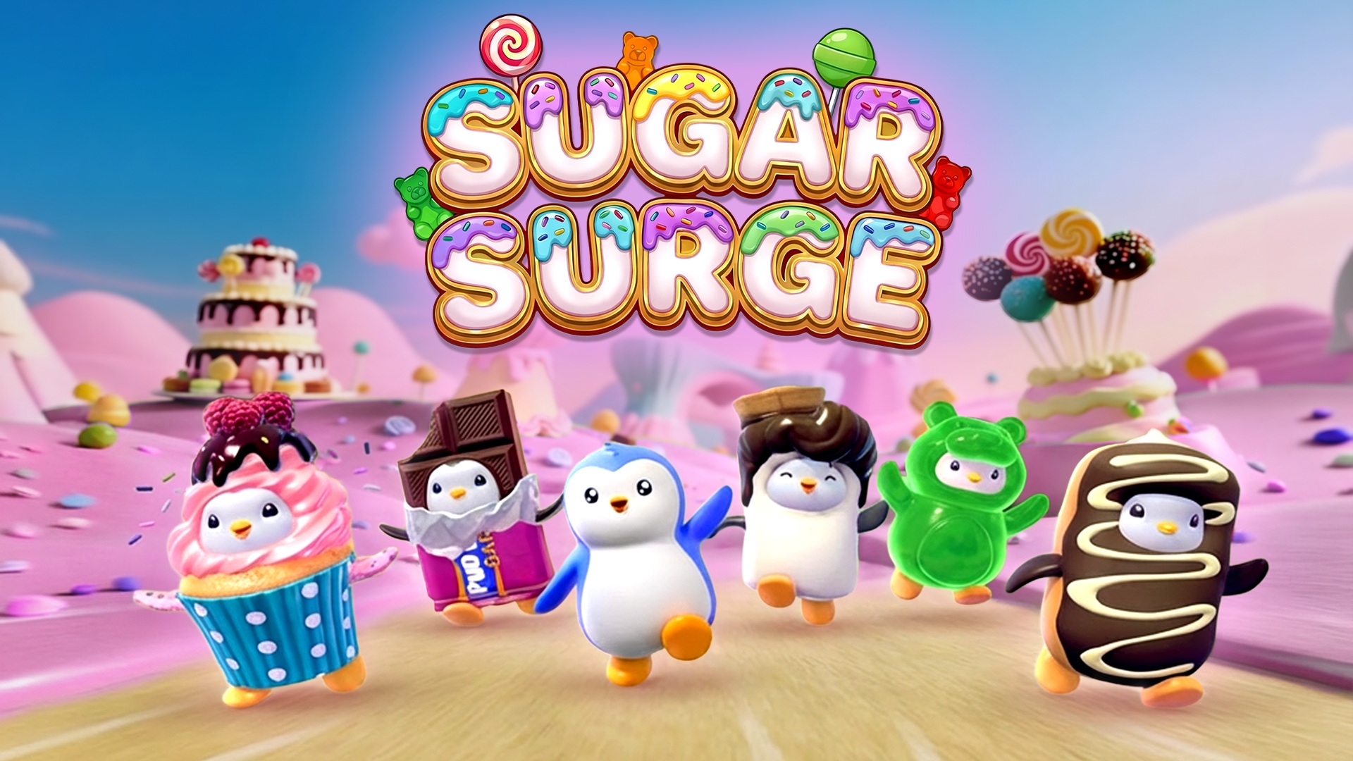 Pudgy Party Sugar Surge promotional artwork featuring colorful penguin characters in a candy-themed world
