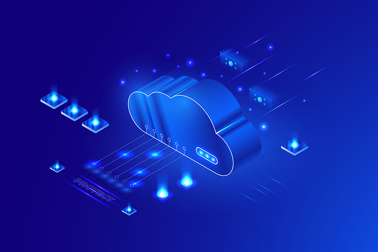 Blue conceptual illustration of a cloud connected to a network of digital nodes