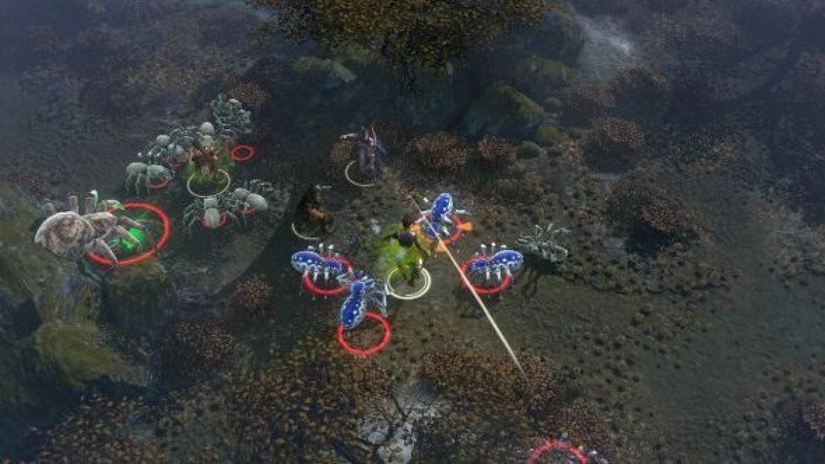 Sword Coast Legends screenshot showing adventurers fighting creatures in a rocky outdoor environment