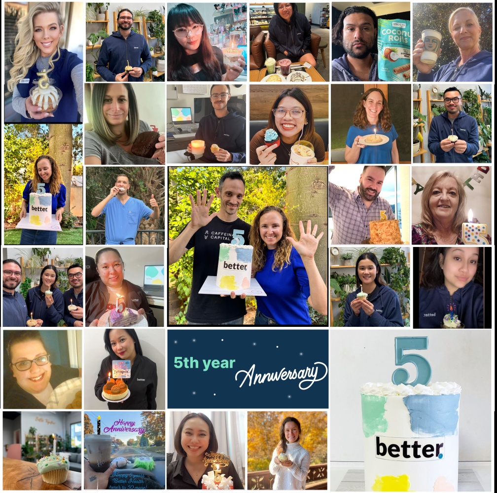 Better Health fifth-anniversary collage with Naama and Adam Breckler, colleagues, cupcakes, and a celebration cake