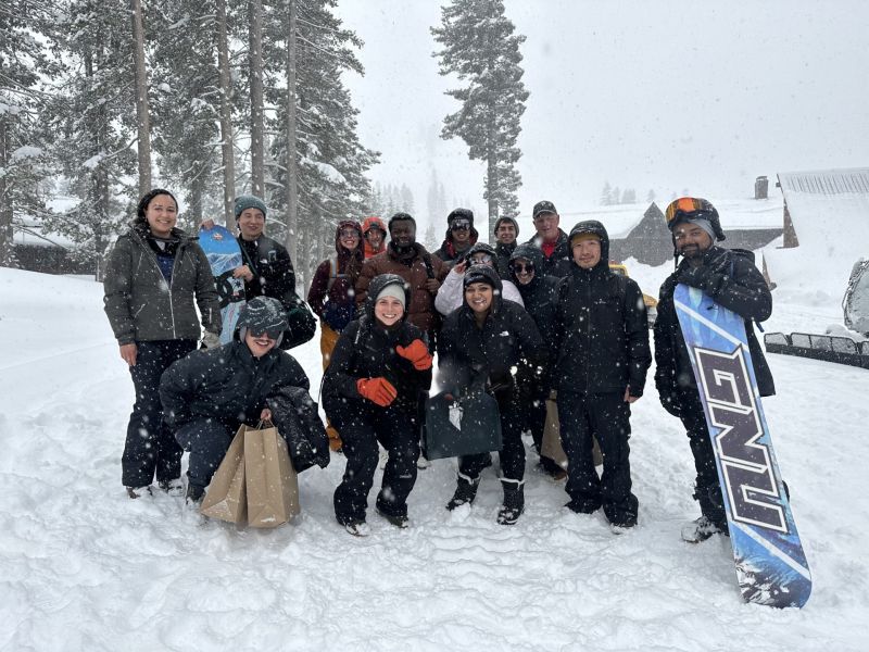 SonoThera colleagues gathered together during a snowy North Tahoe offsite