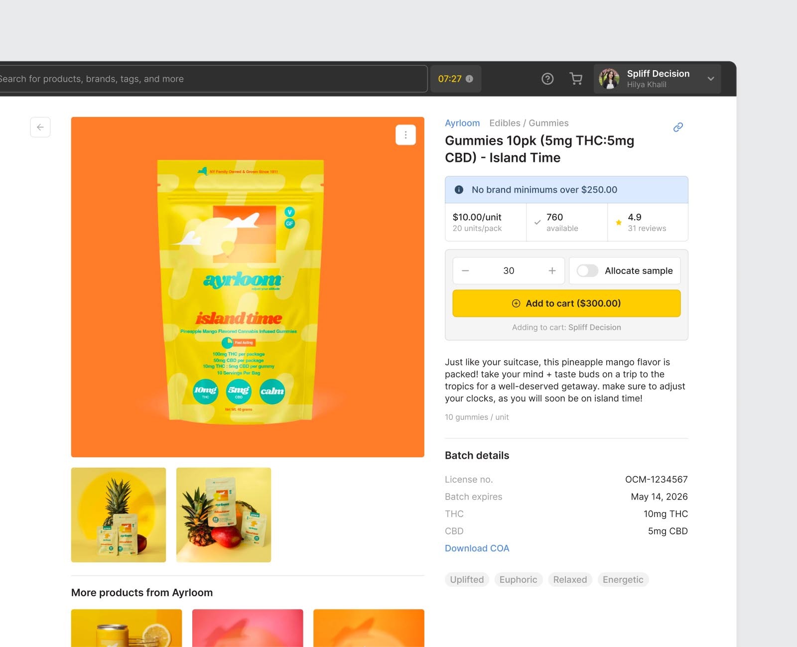 Nabis Marketplace product interface displaying Ayrloom gummies, inventory and batch details