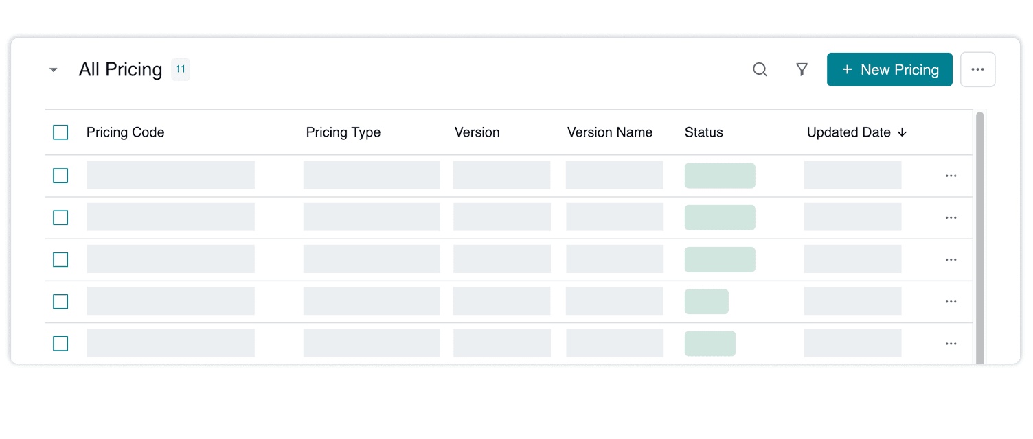 Naehas product interface showing a centralized pricing catalog with version and status columns