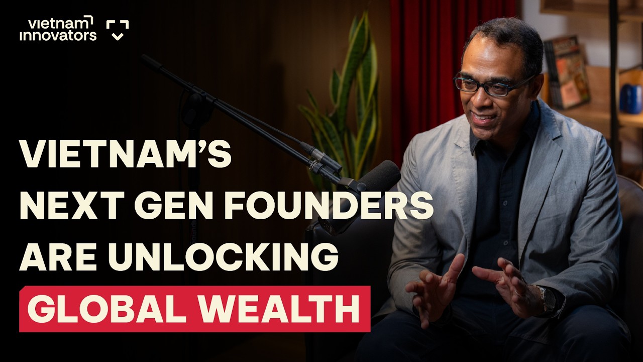 Nagesh Devata speaking into a studio microphone on Vietnam Innovators, with the episode's title alongside him