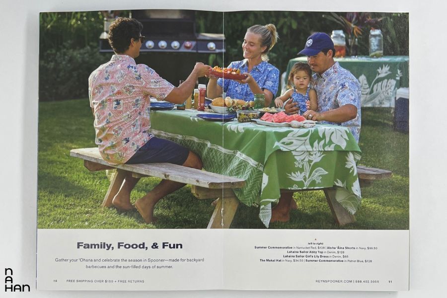 Open Reyn Spooner catalog showing a family picnic and patterned clothing