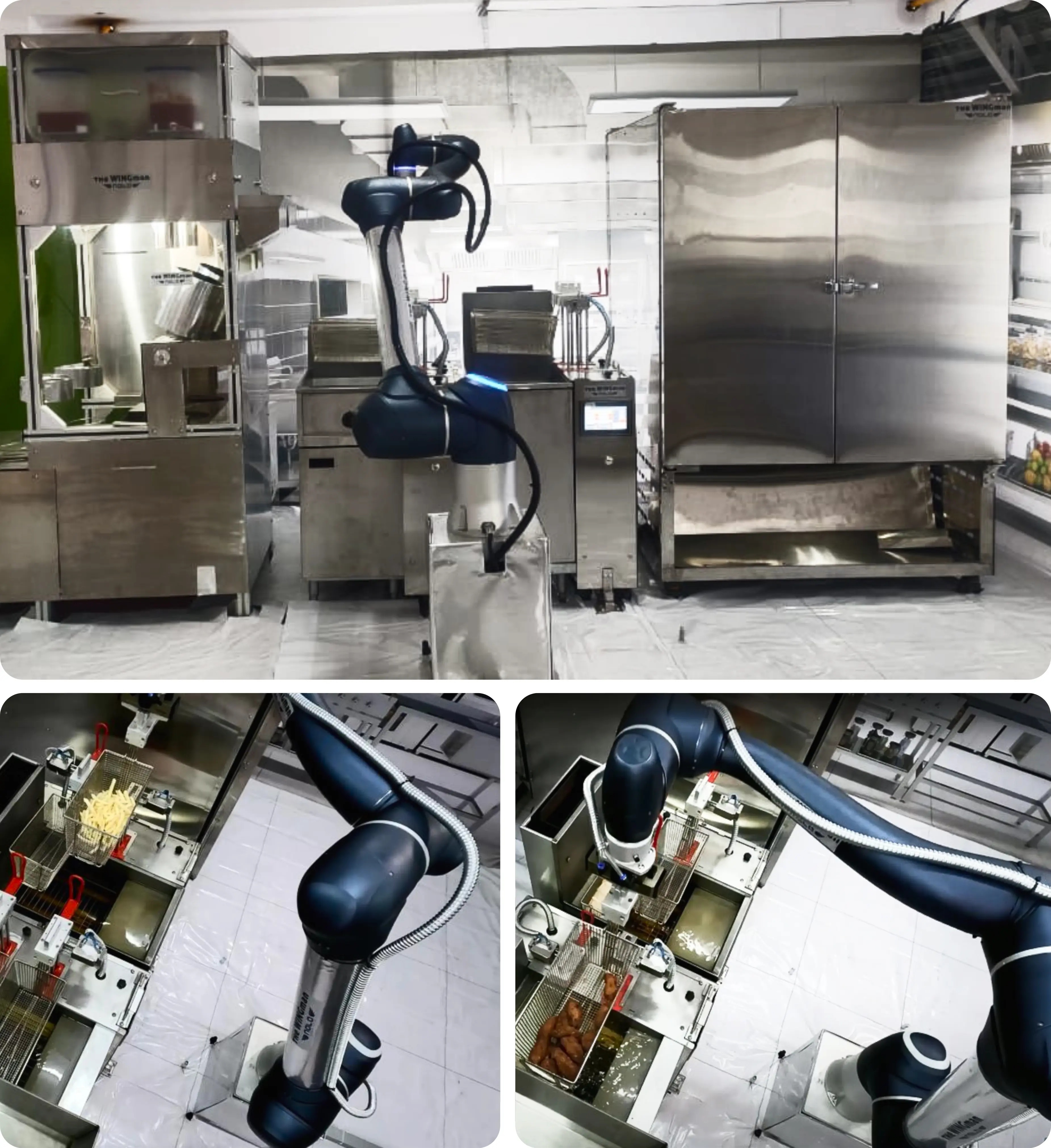 Nala Wingman robotic arm positioned beside fryers and food preparation equipment