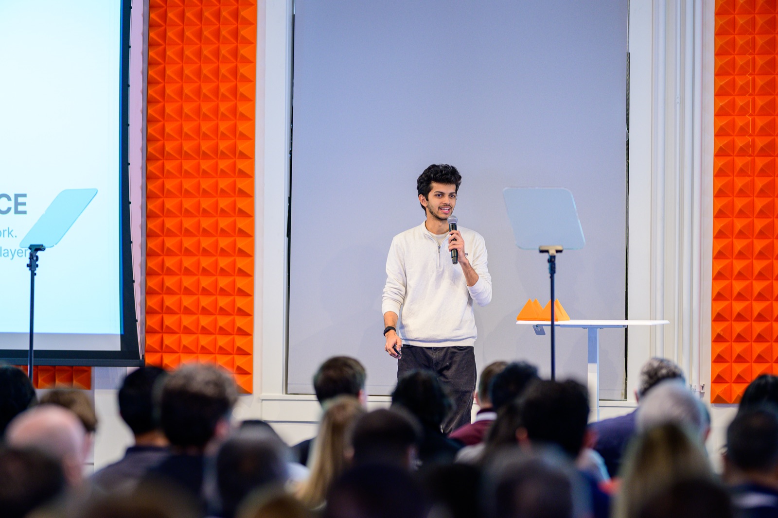 Naman Ambavi presenting Oximy on stage at Y Combinator's Winter 2026 Demo Day