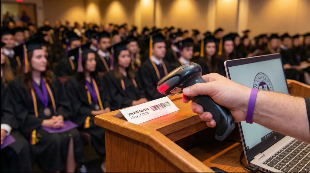 A ceremony reader scans a graduate's name card beside a laptop while graduates wait