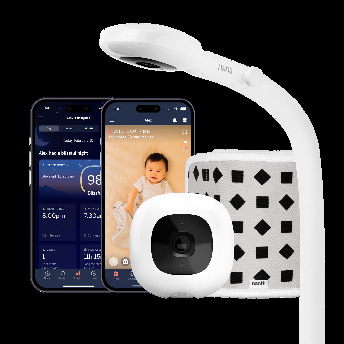 Nanit camera on a floor stand, with Breathing Wear and phones showing the app