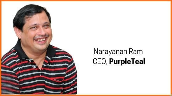 Narayanan Ram smiling in a striped shirt in a PurpleTeal press photograph