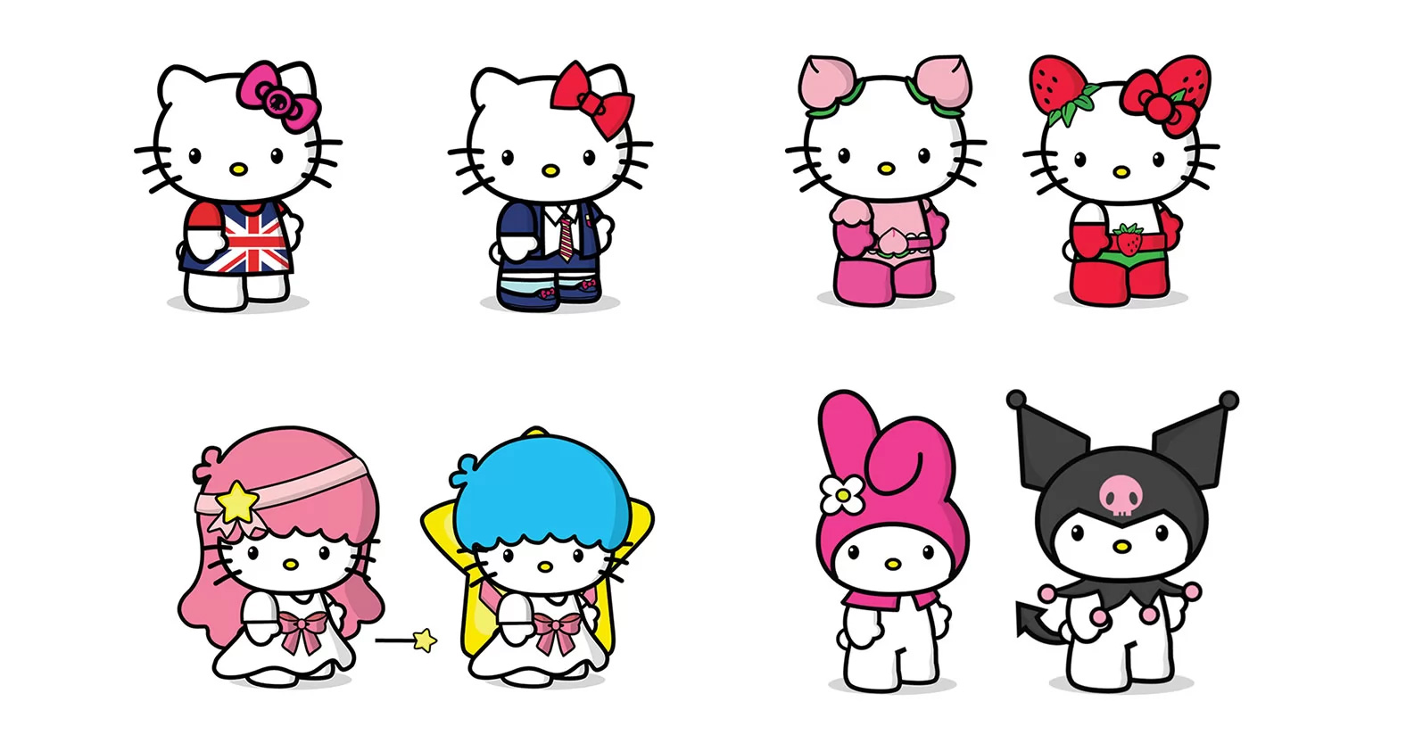 Eight Hello Kitty character designs in different costumes