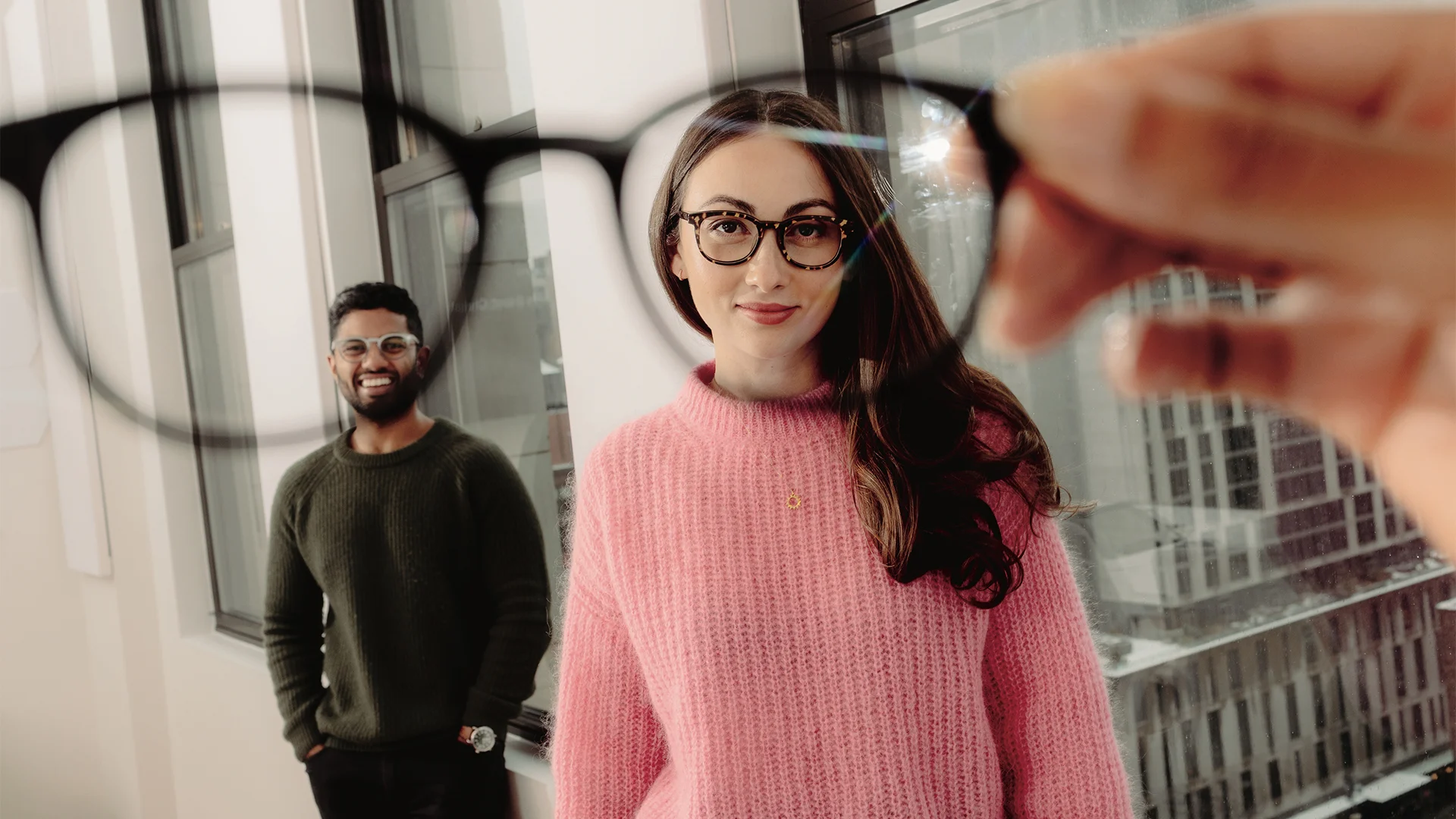 Nathan Kondamuri, co-founder and co-CEO of Pair Eyewear, with co-founder Sophia Edelstein