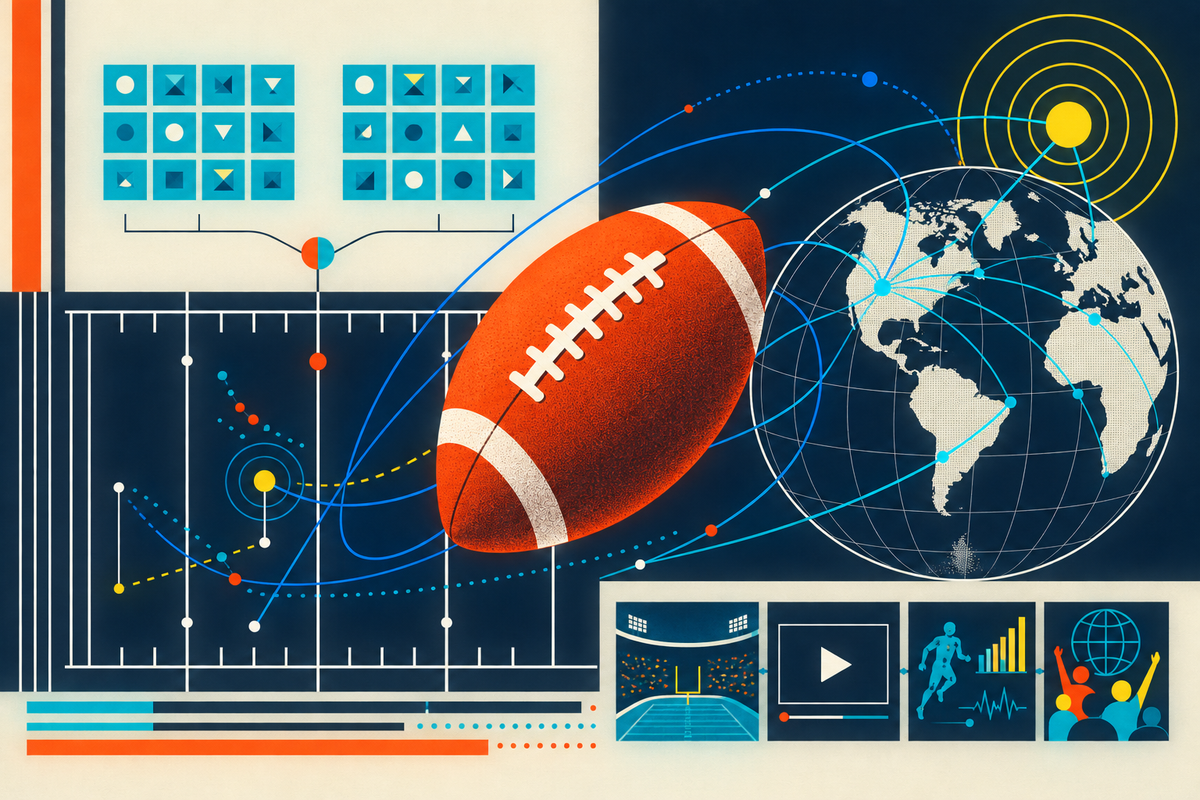 Abstract Swiss-style illustration of a football connecting a field, data paths, media panels and a globe
