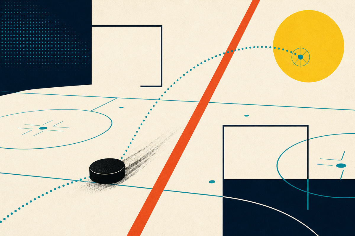 Abstract Swiss-style illustration of a hockey puck crossing rink lines and data markers